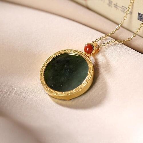 Original Design S925 Sterling Silver Hetian Jade round Jasper Peace Buckle South Red Natural Jade Ladies' Pendant Set Chain