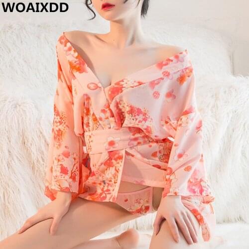 Pink Sexy Japanese Kimono Dress for Women Costumes Sexy Floral Print Sleepwear Traditional Geisha Robe Vintage Clothes Nightwear