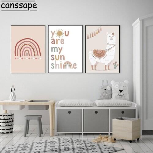 Boho Wall Art Print Nordic Canvas Painting Alpaca Poster Rainbow Prints Sunshine Posters Nursery Wall Pictures Kids Room Decor