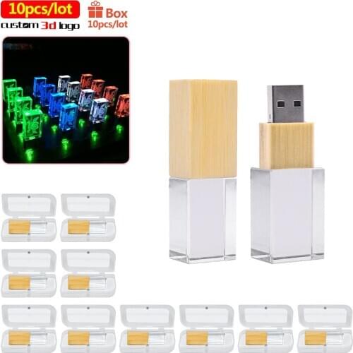 10pcs/lot free LOGO transparent glass pendrive usb 2.0 4GB 8GB 16GB 32GB 64GB USB flash drive photography gift with LED light