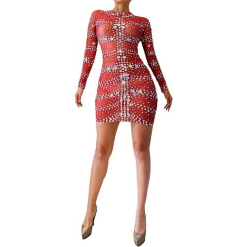 2020 Silver Rhinestones Red Dress Evening Birthday Celebrate Outfit Stage Dance Stretch Dresses Women Singer Dancer Clothing