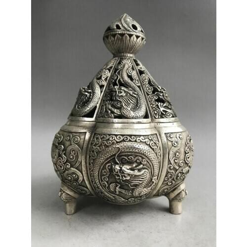 Old Chinese Tibetan silver QIANLONG hand made dragon lotus Incense Burners