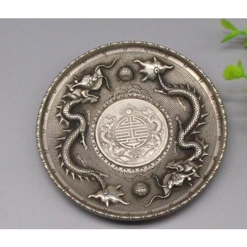 Old collect Chinese Decorated Handwork Miao Silver Carving Dragon Plate