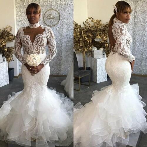 High Collar Mermaid Wedding Dresses Plus Size 2020 South African Lace Illusion Top Ruffles Sweep Train Bridal Gowns Backless