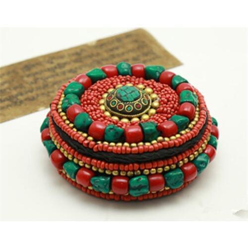 TJB930 Tibetan Jewelry box Simulent Coral Amber Beeswax Round Tent Sorage Case Small Medium Big