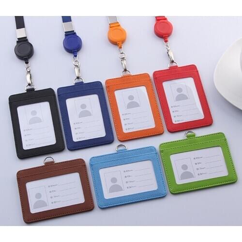 Retractable Lanyards ID Badge Card Holder Leather Bus Pass Case Cover Men Womens Bank Credit Card Holder Strap Cardholder