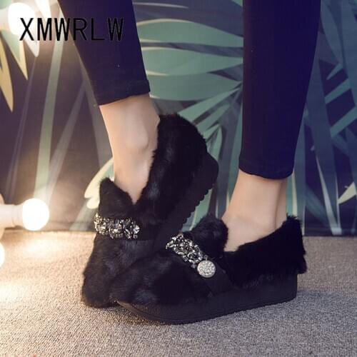 XMWRLW Womens Winter Shoes Fashion Rhinestone Female Loafers Warm Fur Women Flat Shoes Thick Sole Winter Loafers Woman Shoe
