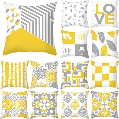 Yellow Grey Striped Pillowcase Geometric Print Polyester Cushion Cover 45X45 Letters Pattern Decorative Polyester Sofa Cushions