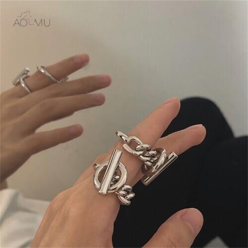 AOMU 2020 New Hollow Toggle Clasp Twisted Silver Color Chain Circle Bar Geometric Punk Rings for Women Minimalist Party Jewelry