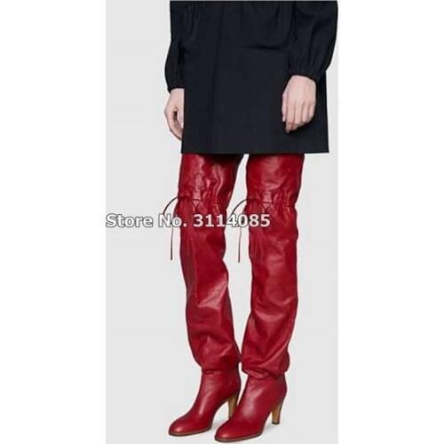 Top Brand Women Over-the-knee Motorcycle Boots Red Black Solid Color Lace-up Thigh High Gladiator Dress Boot Fall Winter Shoes