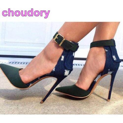Women Chic Pointed Toe Pumps Concise Army Green Patchwork Dress Shoes Stiletto Heels Blue Denim Heel Gladiator Shoes Plus Size