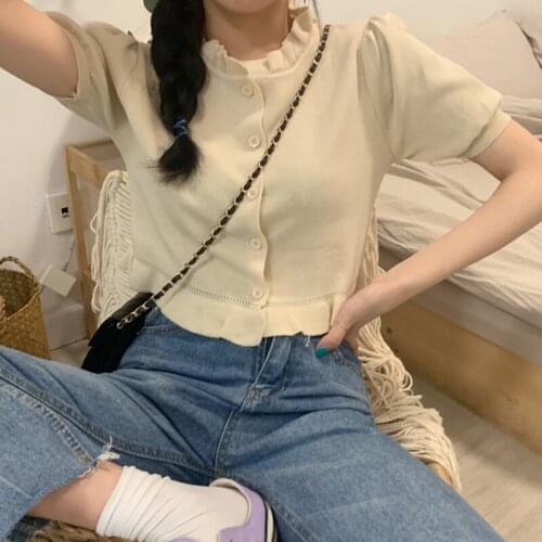 2020 New Summer Autumn Slim Wooden Ears Short Sleeve One Size Tops Women Puff Sleeve Knit Cardigan New