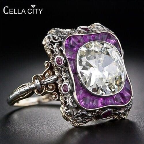 Cellacity Punk style Silver 925 Jewelry Amethyst Ring for Women Large Round Gemstones Hyperbole Geometry Rings Party Female Gift