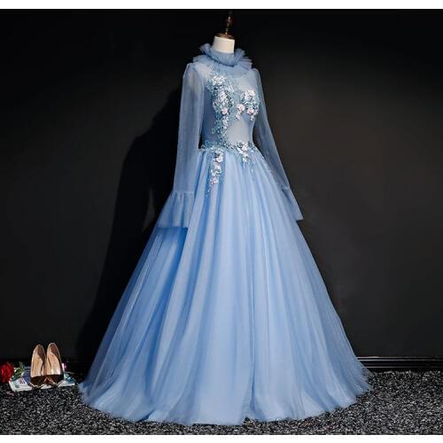 100%real light blue ruffled stand collar gown Medieval Renaissance gown Sissi princess dress Victorian /Marie Antoinette/ Belle