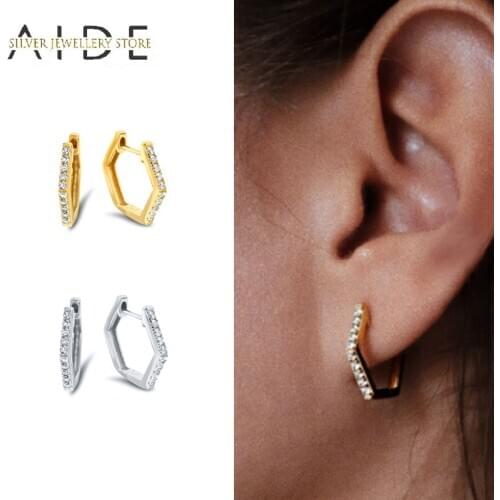 AIDE Geometric Hexagon Hoop Earrings For Women Minimalism INS Zircon Pave Piercing Huggie Earings Silver 925 Jewelry oorbellen