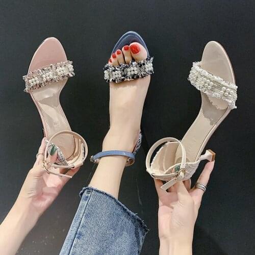 Women 7cm High Heels String Bead Sandals Wedding Bridal Stiletto Heels Sandles Glitter Prom Elegant Stripper Ankle Strap Shoes