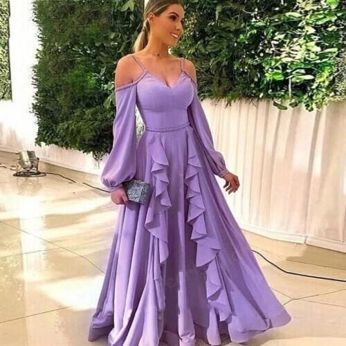 Purple Spaghetti Straps Evening Dresses Long Sleeves Prom Dresses Robe De Soiree 2021 Newest Party Gowns For Weddings