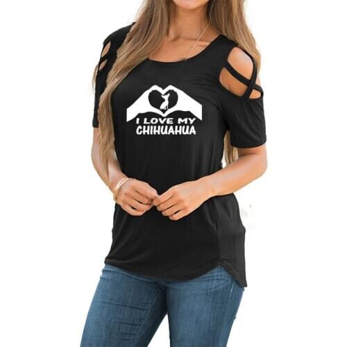 I Love My Chihuahua Hands Heart Dog Printing T-shirts Women Summer Graphic Casual Short Sleeve broken shoulder lace up Tees