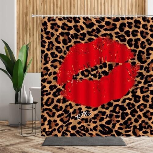 Girly Brown Leopard Print Red Lips Shower Curtains Fashion Bathroom Decor Waterproof Fabric Home Bath Curtain Creative Girl Gift