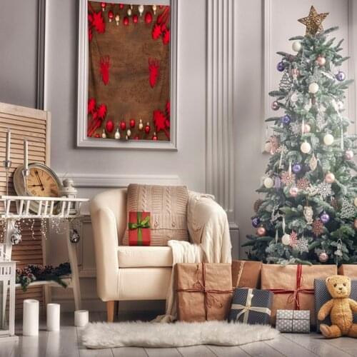 Tapestry Wooden Reindeer and Pine Trees Colorful Baubles Ornaments on Wood Table Country Style Decor Photo Printed Red Brown