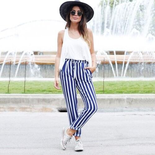 Summer 2019 Womens Pants Spring and Autumn Leisure Blue Stripe Pants Lace Up Full Length Pants Women Trousers