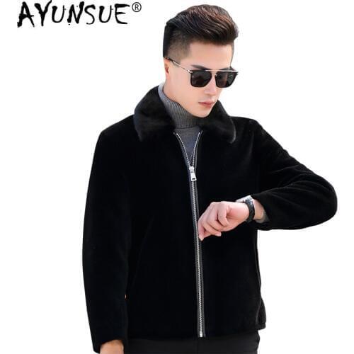 AYUNSUE Mens Fur Coat Short Autumn Winter Jacket Men Sheep Shearing Wool Coat Real Fur Jackets Mink Fur Collar HT9805 KJ1632