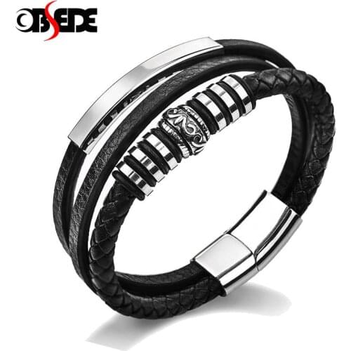 Men Bracelet Jewelry Punk Black Braided Geunine Leather Bracelet Stainless Steel Magnetic Buckle Fashion Bangles