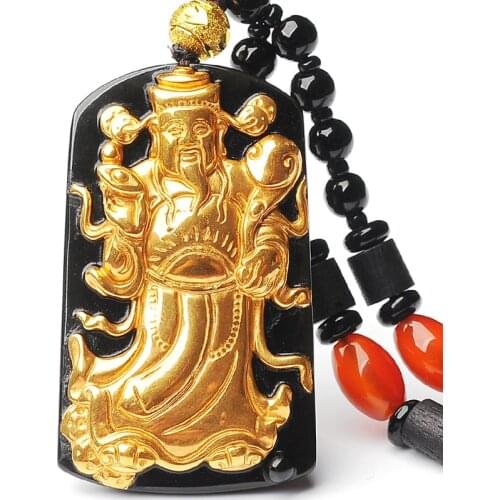NATURAL OBSIDIAN GOLD INLAID WITH JADE FORTUNE GOD NECKLACE JADE BEAD PENDANT MORE MONEY JEWELRY FOR MAN WOMEN AMULET GIFTS