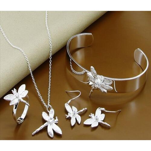 New Fashion Jewelry Sets 925 Silver Insect Dragonfly Necklace Bangle Earrings Rings Sets for Wedding Jewelry