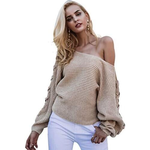 Womens Sweaters Off Shoulder Lace Up Bat Sleeve Loose Knit Sweatshirt 2020 Autumn Fashion Youth Feminine Streetwear