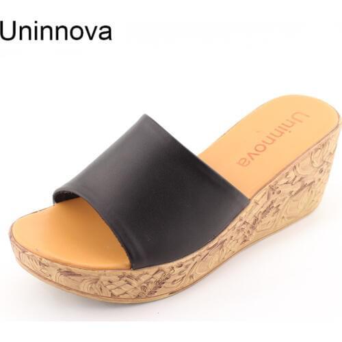 Uninnova Womens Fashion Wedge Med High Heel Black White Rose Red Outdoor Slipper Fashion Womens Shoes WSL024