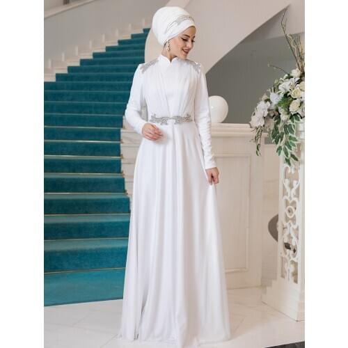 White Color Hijab Evening Dress For Wedding And Marriage Special Day Ecru Color Muslim Abaya High Quality Made in Turkey
