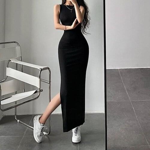 WOMENGAGA Fashion Trend Sleeveless Backless Package Hip Split Long Dress Solid Color Summer Ladies Party Tank Dresses YLW7