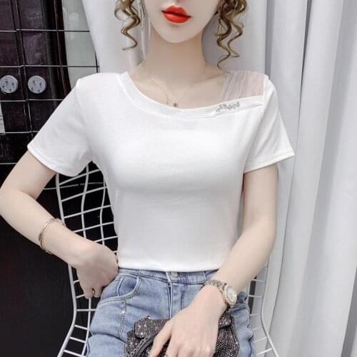 2021 summer new oblique shoulder collar clavicle top sense white short-sleeved t-shirt women