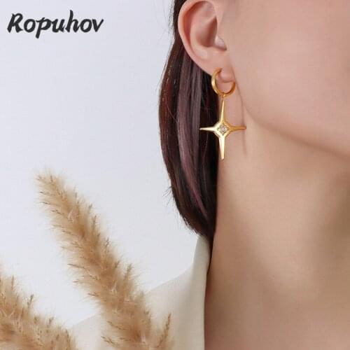 Ropuhov 2021 New 925 Silver European American Cool Fashion Brand Hexagonal Star Titanium Steel Zircon Hip Hop Jewelry Earrings