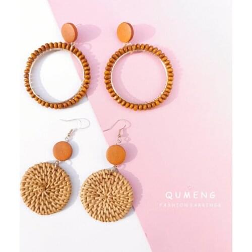 QUMENG 2020 design woman earrings handmade wood earring vintage round National style fashion Exaggerated geometry jewelry