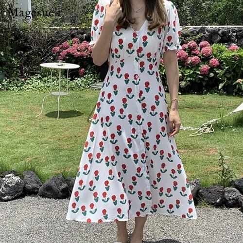 Korean Cute Summer 2021 Women Flower Dress Print V-neck Print Midi Dress for Women Casual Sweet High Waist Dress Vestido 15716