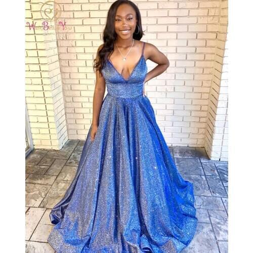 Blue Evening Dresses Sparkle Bling 2020 Spaghetti Strap Sleeveless A Line V Neck Formal Prom Gowns Party for Women Elegant