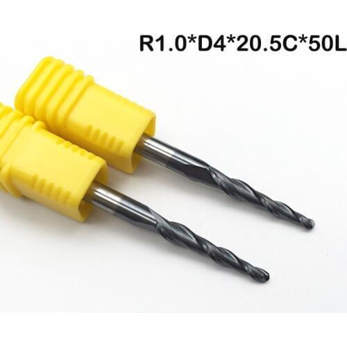 2pcs/lot R1.0*D4*20.5*50L*2F HRC55 solid Tungsten carbide Coated Ball Nose Taper End Mill Bit cone type cnc milling cutter tool