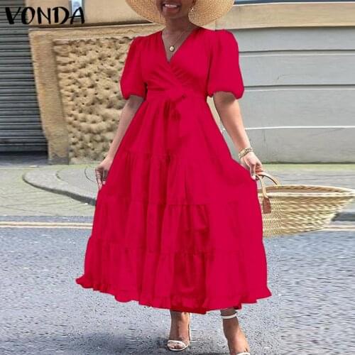 2021 Casual Short Sleeve Party Dress With Belt VONDA Sexy V Neck Pleated Ruffled Long Dresses Bohemian Vestidos Femme Sundress