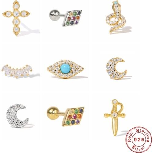 Aide 925 Sterling Silver Gold Evil Eye Zircon Stud Earrings For Women Girls Mini Snake Cross Star Crystal Earrings Party Gift