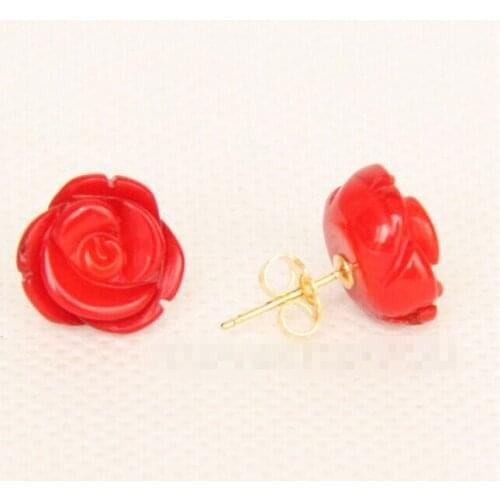 Free shipping >>>>>>Stud carven flower 12mm red coral Earrings NEW