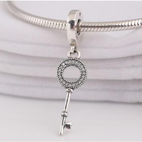 Authentic S925 Silver Bead Love Heart Key With Crystal Pendant Charm for Women Bracelet Bangle DIY Jewelry