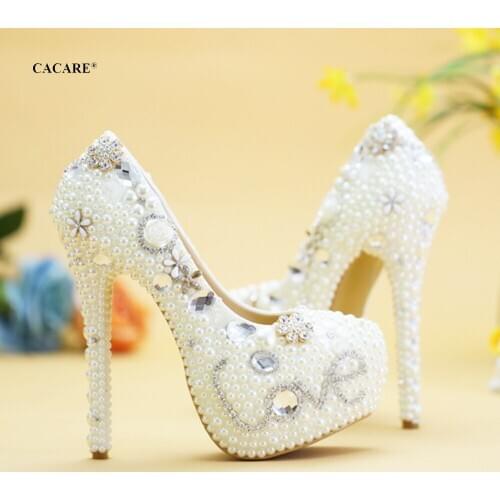 CACARE Luxury Wedding Shoes Shinny Pearls Platform High Heels Customized Bridal Party Shoes Cinderella Multi-choice F2954