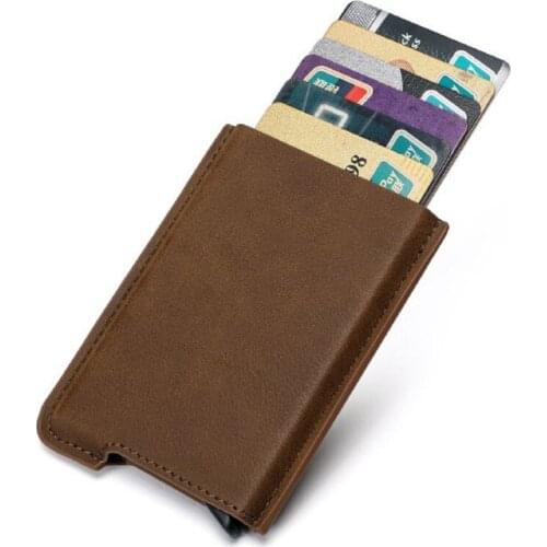 Automatic Pop Up Card Case for Men Women Leather Aluminum Alloy Bank Credit Card Holders Anti-Degaussing Anti-Theft RFID Wallet