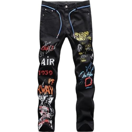 Spring Summer New White Black Male Printing Personality Jeans Straight Stretch Slim Jeans Men Fashion Long Denim Pants Size 42