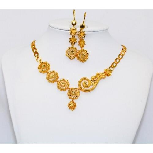 Conjuntos de joias etíopes africanas 24k ouro para mulheres presentes de casamento dubai noiva colar brincos anel conjunto colar