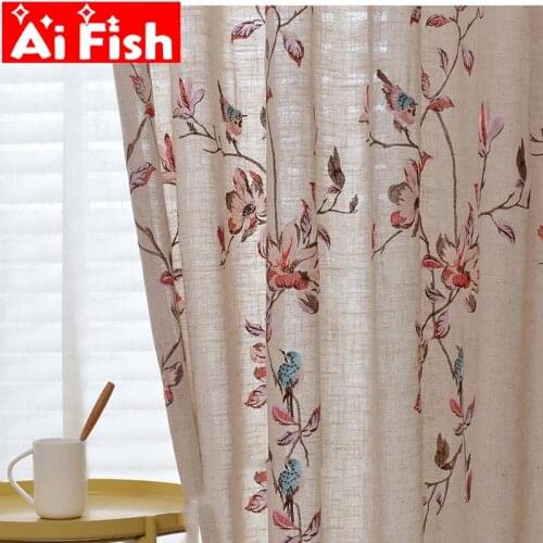 Cotton Hemp Embroidered Flowers with Bird Design Shade Bedroom Curtains White Tulle Sheer Window Drapes For Living Room #30