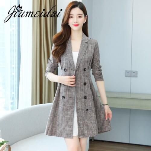 JiuMeiDai 2020 Women Spring Autumn Mini Dress Office Lady Elegant Plaid Dresses Female Notched Vintage Party Clothing Plus Size