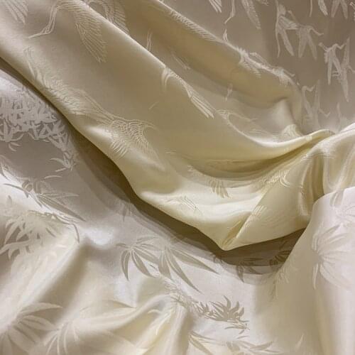 Chinese real silk red yellow Bamboo crane Satin vintage fabric hanfu kimono cheongsam cloth fabric 0.5meter thickness 22m/m